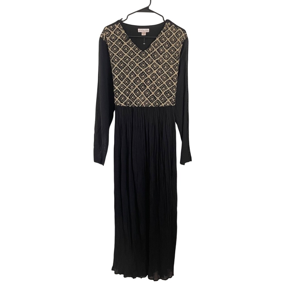 NWT Karavan Maxi Dress XL Black Gold Embroidery India Long Sleeve Boho‎ Chic